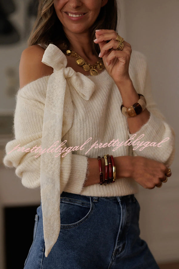 Solid Color Bow Tie Long-sleeved Casual Knit Sweater