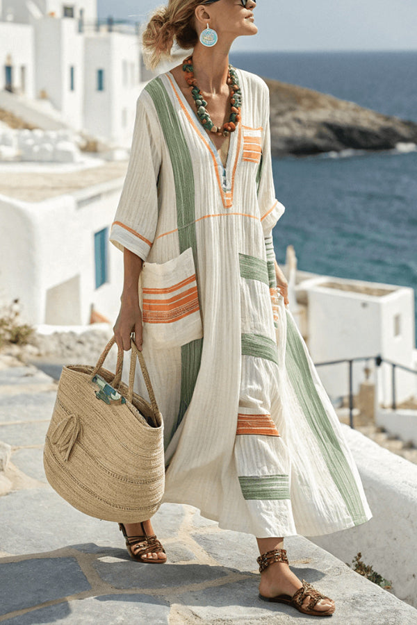 Striped Print V-Neck Casual Loose Pocket Maxi Dress