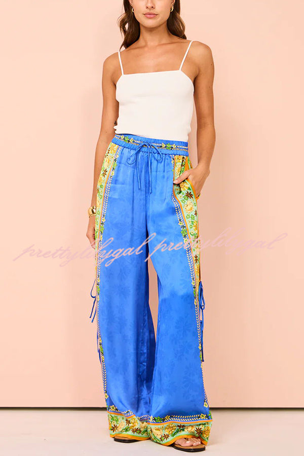 Nara Satin Unique Print Side Lace-up Tank and Elastic Waist Pocketed Wide Leg Pants Set