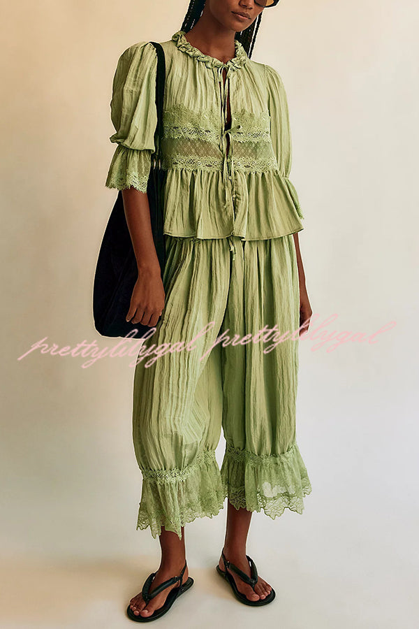 Pastoral Style Elastic Waist Lace Hem Bloomer Pants