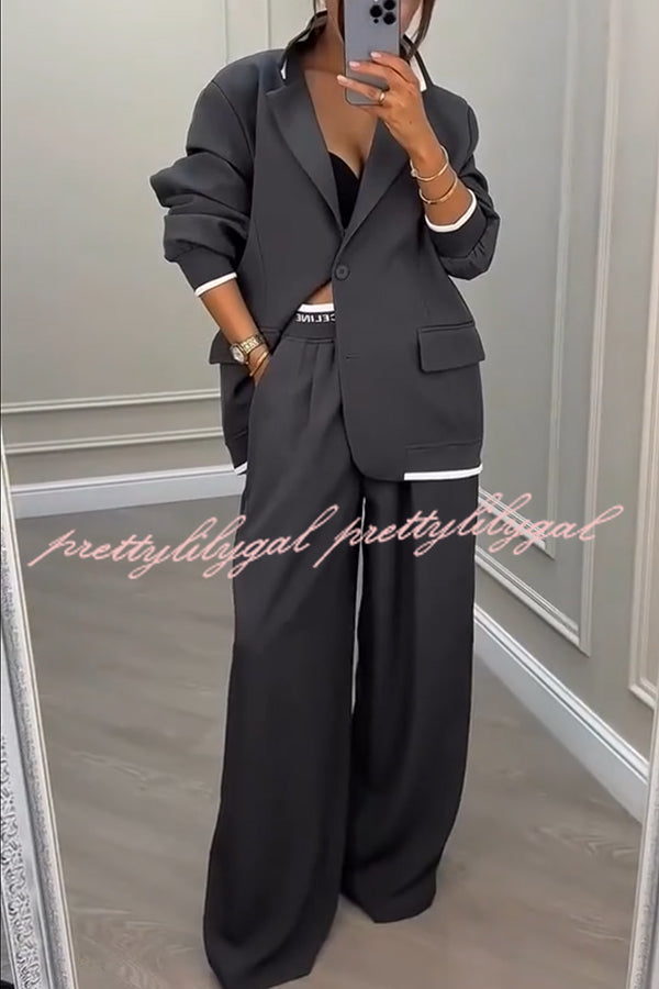 Fashion Sports Style Ribbed Colorblock Lapel Blazer and Elastic Waist Pocket Loose Pants Set