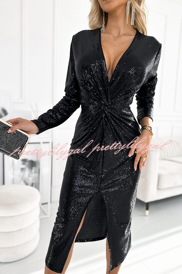 Coralia Sequin V-neck Long Sleeve Twist Waist Front Slit Midi Dress