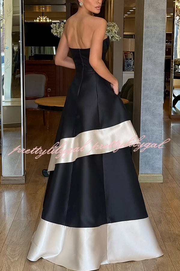 Vivian Satin Contrast Color Sweetheart Bandeau Neck Pocket Layered Maxi Dress