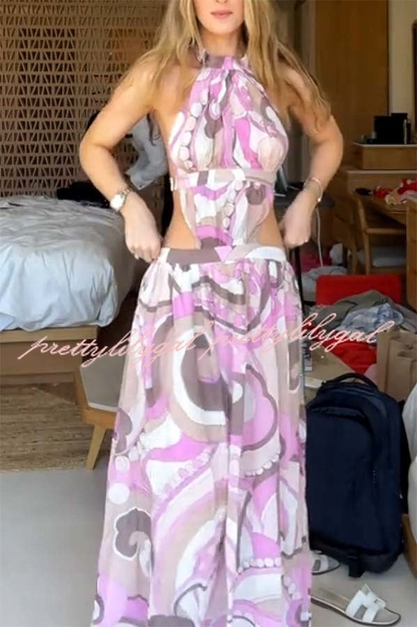 Tauni Unique Print Hollow Waist Backless Elastic Strap Halter Maxi Dress