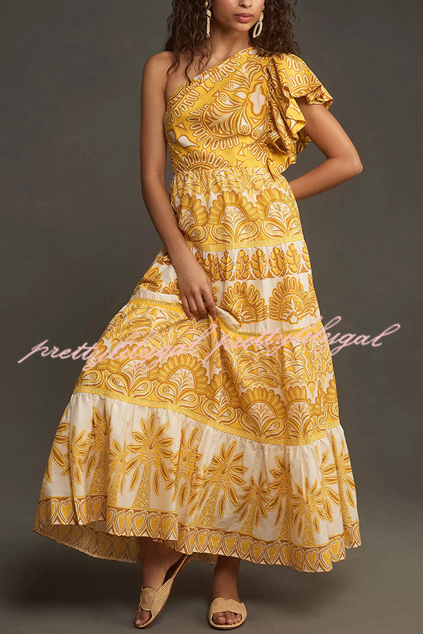 Exquisite Dream Unique Print One Shoulder Ruffle Sleeve Tiered Maxi Dress