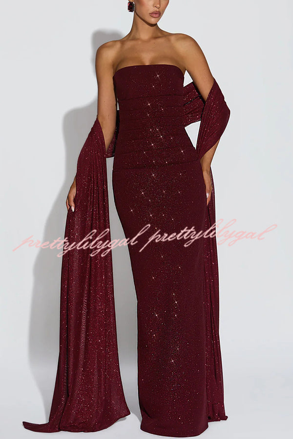 Pandra Glittery Crepe Fabric Off Shoulder Ruched Slit Cape Maxi Dress
