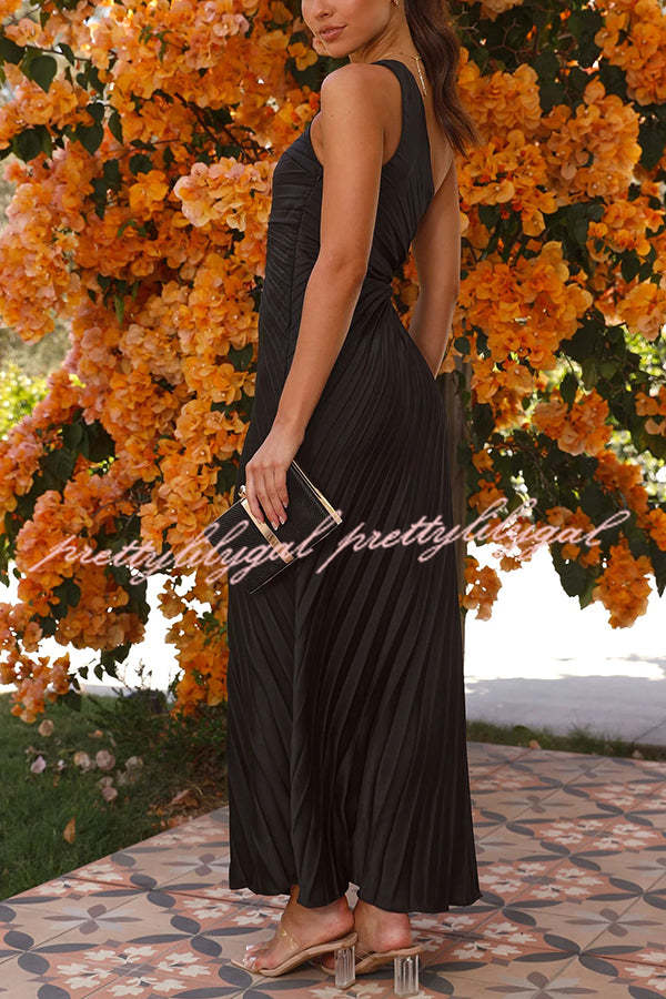 Charming One Shoulder Lace Up Cutout Pleated Maxi Dress