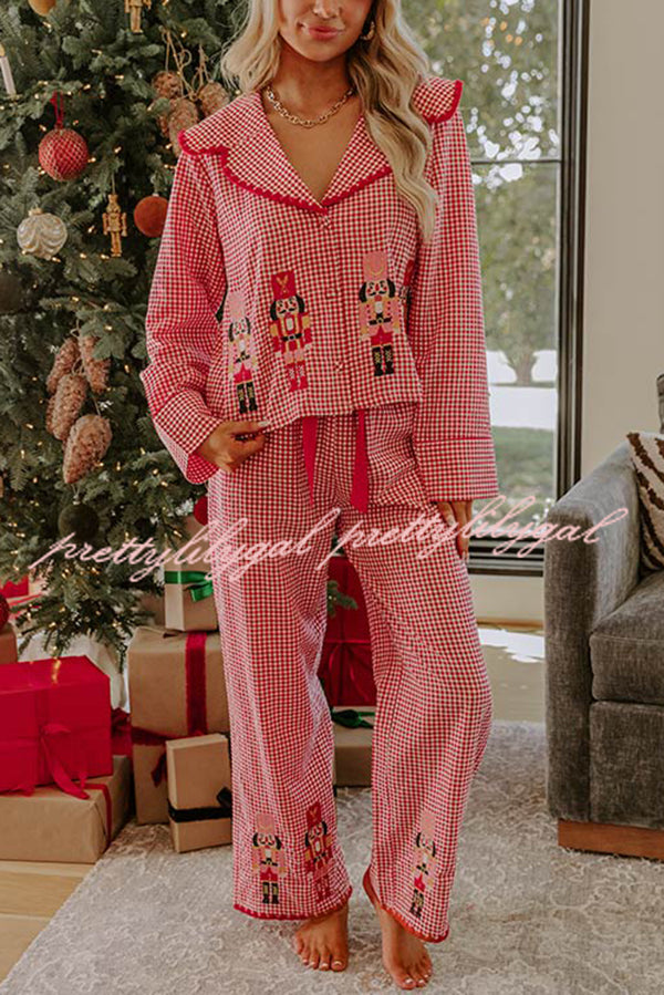 Nutcracker Charm Embroidered Gingham Loose Shirt and Elastic Waist Pajama Set