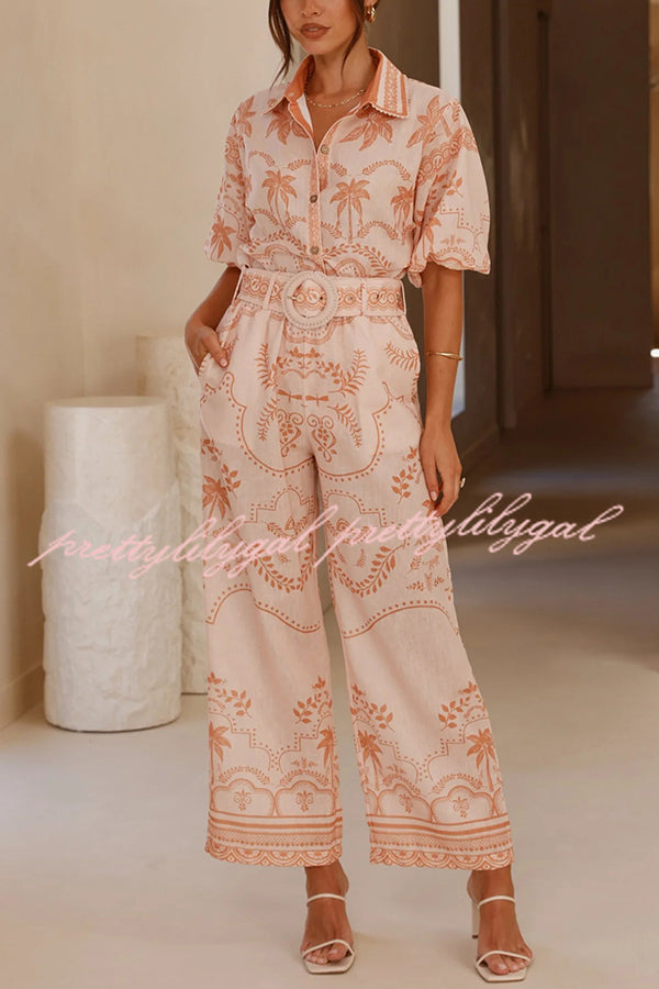 Linen Blend Lapel Puff Sleeve Loose Shirt and Casual Pocket Straight Pants Set