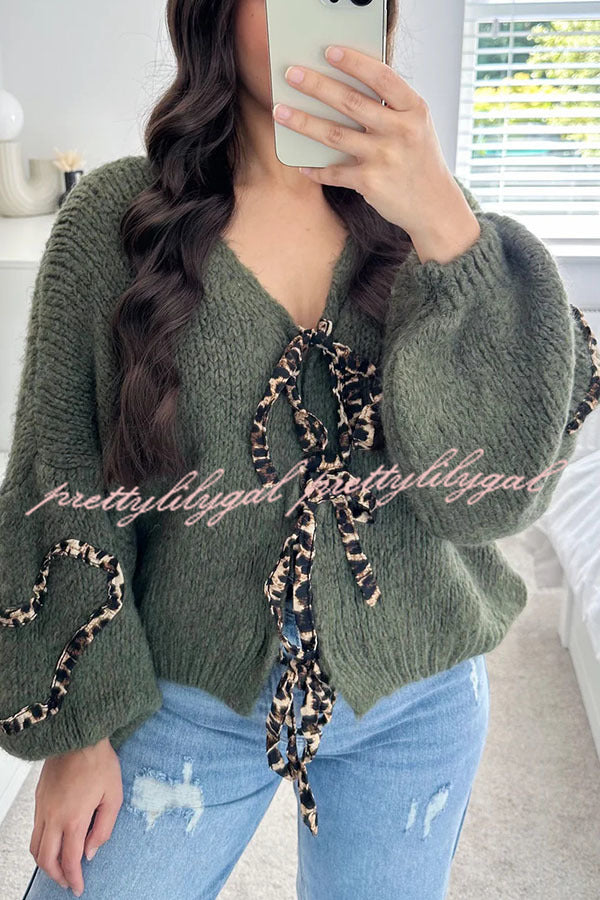 Fashionable Loose Long-sleeved Leopard Print Lace-up Knitted Sweater Cardigan