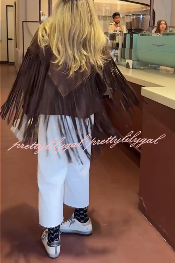 Western City Suede Long Tassels Long Sleeve Lapel Relaxed Jacket