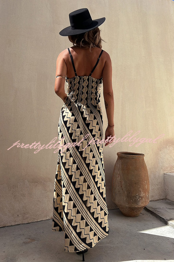 Exclusive Melody Satin Ethnic Print Smocked Back Midi Dress