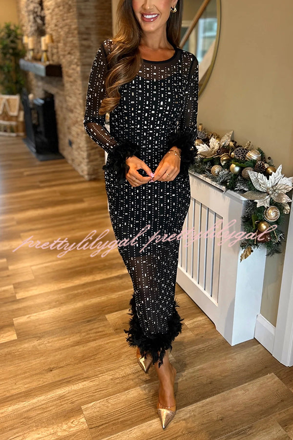 Sexy Long Sleeve Round Neck Feather Edge Rhinestone Decoration Slim Fit Maxi Dress