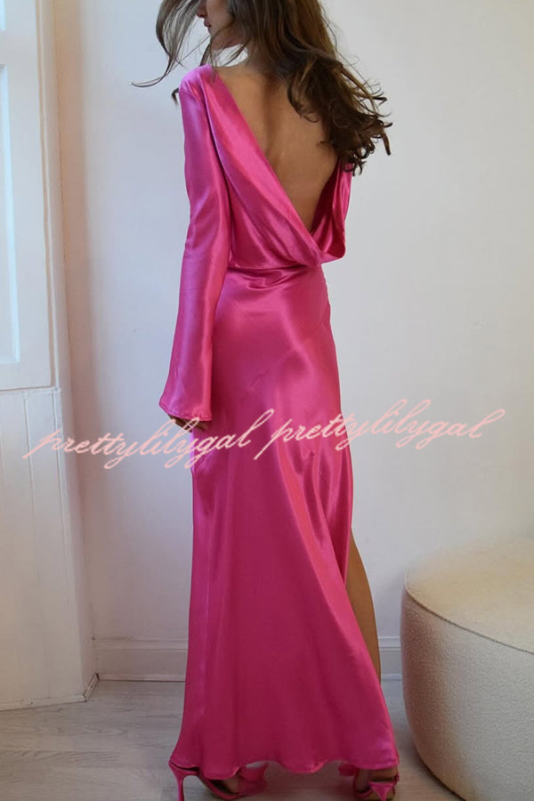 Satin Elegant Long-sleeved Open-back Slim-fit Slit Maxi Dress