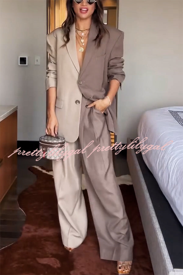 Girl Boss Avant-garde Contrast Colors Lapel Boyfriend Blazer and Pocketed Wide Leg Pants Set