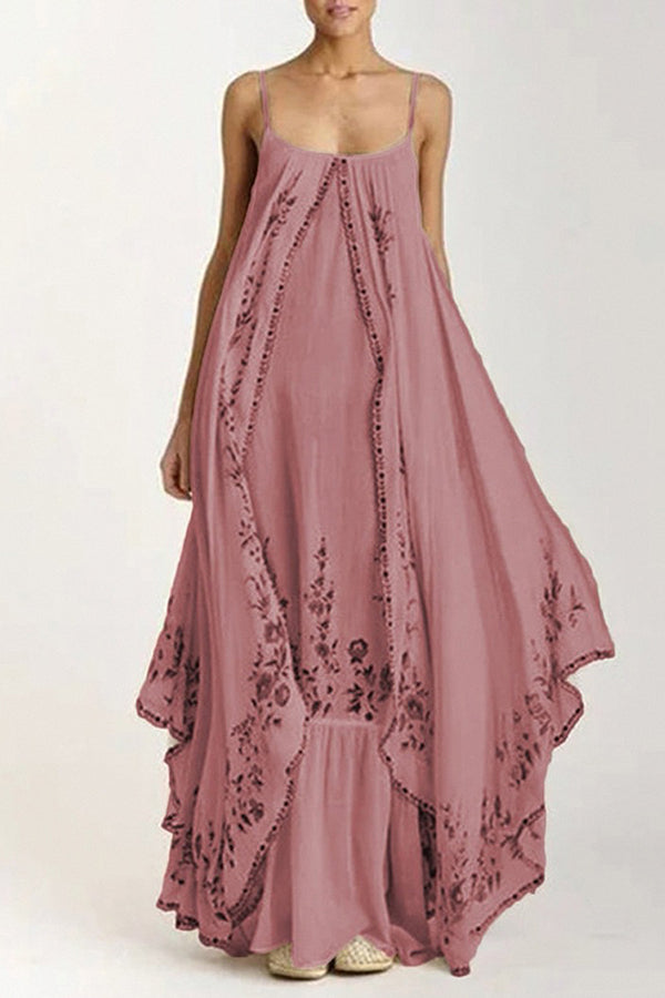 Botanical Print Suspenders Loose Full Hem Maxi Dress