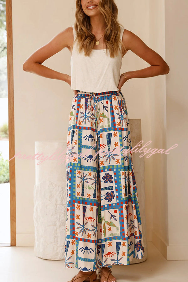 Unique Print Lapel Short Sleeve Loose Shirt and Elastic Waist Casual Pocket Wide Leg Pants Set