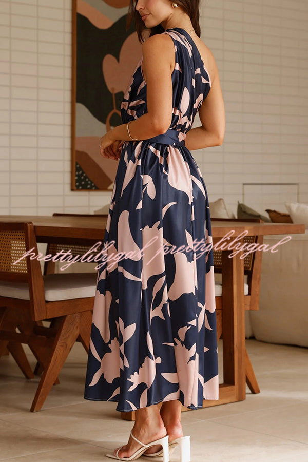 Unique Print Sleeveless One Shoulder Belted Maxi Dress