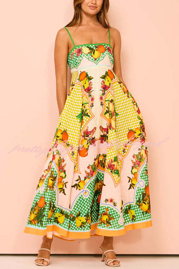 Enjoy Summer Lemon Linen Blend Unique Print Smocked Back Pocket Maxi Dress