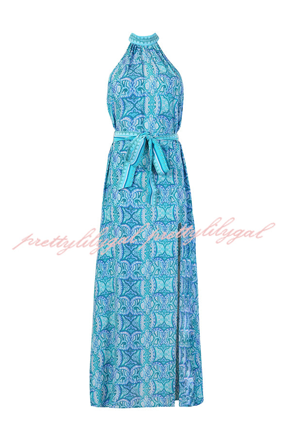 Unique Print Sexy Off-the-shoulder Waist Tie Slit Holiday Midi Dresses