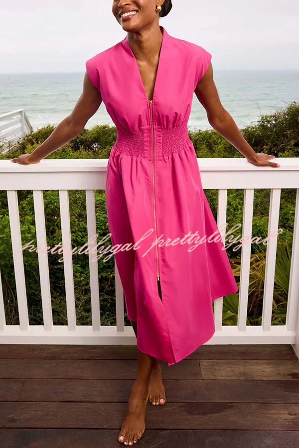 Workdays or Weekends Front Zipper Smocked Waist Pocket Loose Midi Dress