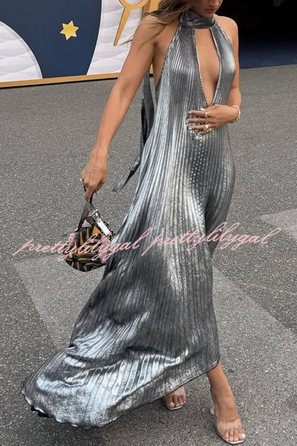 Celebration Party Pleated Metallic Fabric High Deep V-cutout Halter Neck A-line Maxi Dress