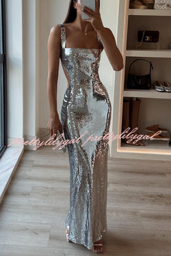 Eye Catching Sequin Cutout Waist Wide Strap Bacakless Maxi Dress