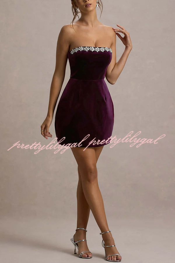 Effortlessly Elegant Velvet Jewel Embellished Trim Bandeau Mini Dress