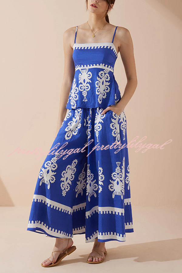 Unique Ethnic Print Suspender Pleated Top and Elastic Waist Loose Wide-leg Pants Set