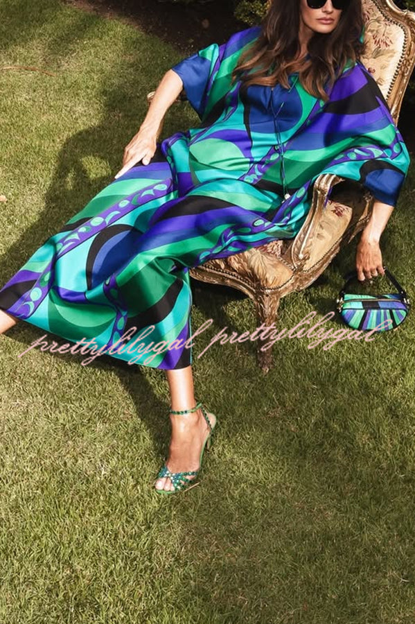 Holiday Choice Satin Unique Print Drape Wide Sleeve Loose Kaftan Maxi Dress