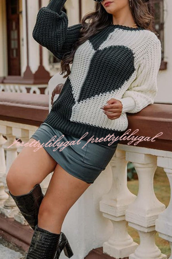 Round Neck Bell Sleeves Heart Contrast Knitted Long Sleeved Sweater