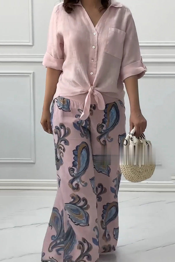 Fashion Lapel Long Sleeve Casual Shirt and Unique Print Elastic Waist Pocket Wide Leg Pants Set
