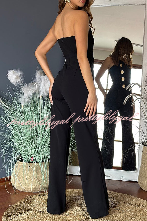 Solid Color Sexy Tube Top Gold Button Embellished Bootcut Jumpsuit