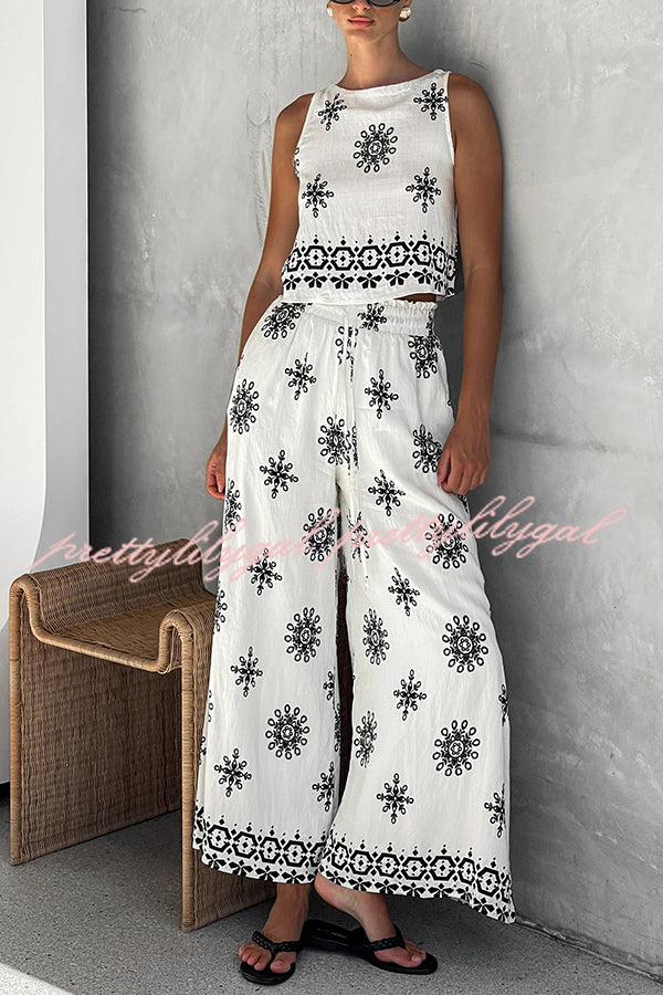 Unique Printed Round Neck Sleeveless Button Top and Elastic Waist Pocket Wide Leg Pants Set