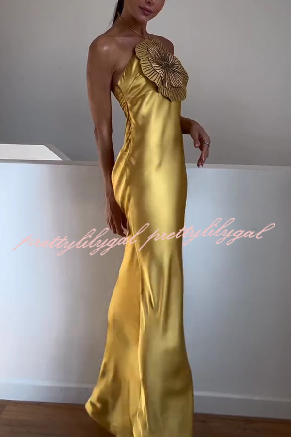 Fashionable Beaded Large Flower Decoration Halter Neck Backless Maxi Dress