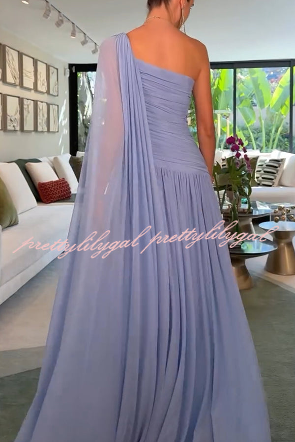 End of Light Chiffon One Shoulder Single-sleeve Shawl Ruched Maxi Dress
