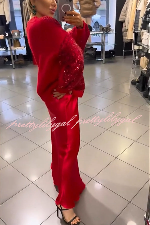 Celebration Day Sequin Patchwork Loose Sweatshirt and Satin Elastic Waist Maxi Skirt Set