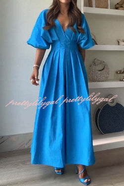 Antibes Linen Blend Princess Line Pleated Wide Puff Sleeve Midi Dress