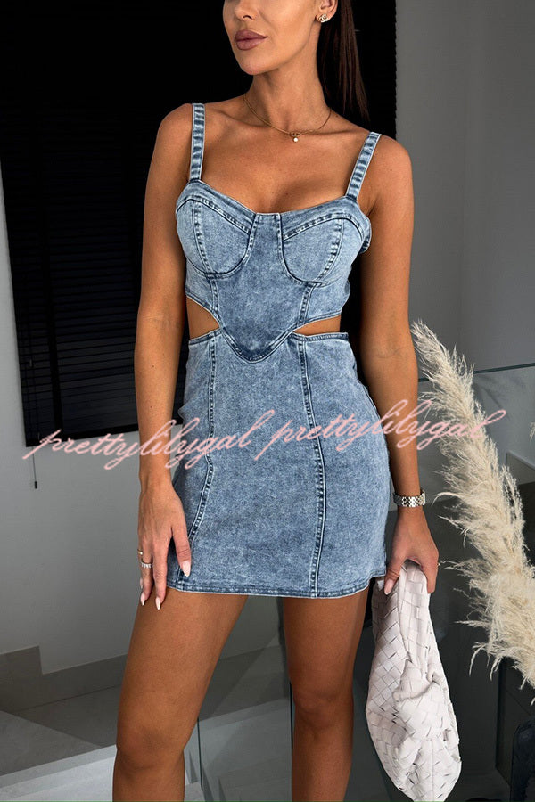 Picilo Denim Sweetheart Neck Cutout Waist Stretch Mini Dress