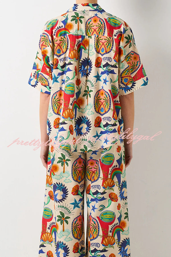 Linen Blend Unique Print Loose Short Sleeve Shirt and Elastic Waist Tie Pocket Pants Set