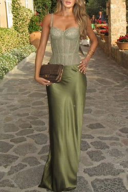 In A Fairytale Lace Satin Mid Rise Drape Maxi Skirt