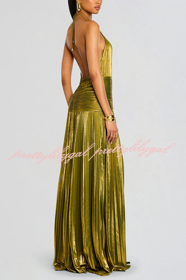 Metallic Halterneck Backless Pleated Waisted High-slit Maxi Dress
