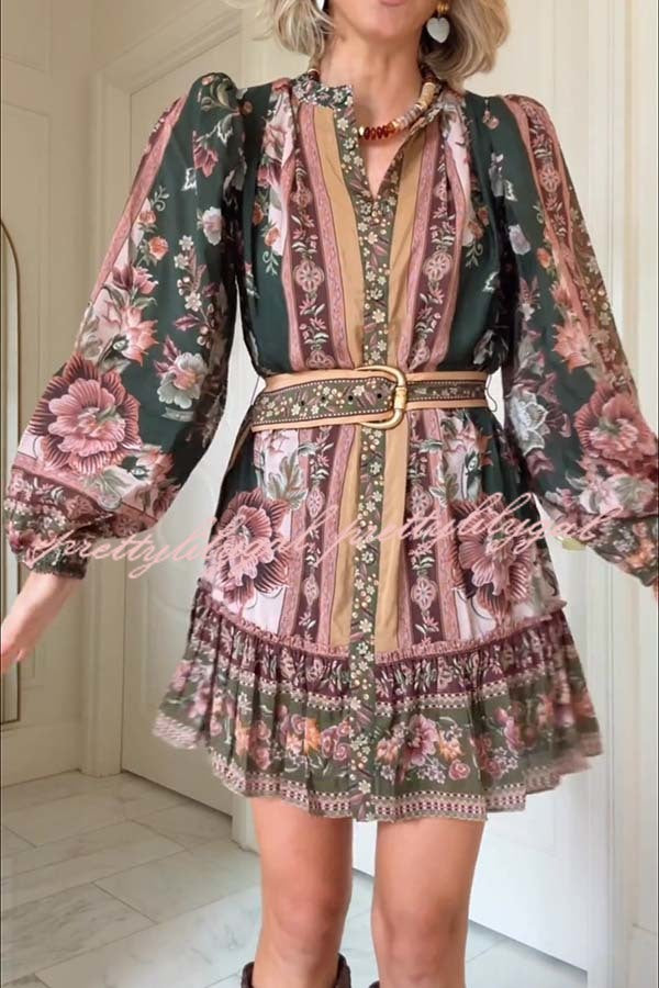 Brazilian Style Unique Floral Print Puff Sleeve Belted Pleated Hem Mini Dress