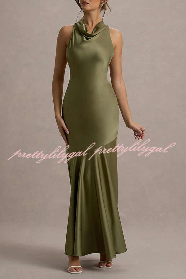 Timeless Sophistication Satin Cowl Detail Back Self-tie Halter Neck Maxi Dress