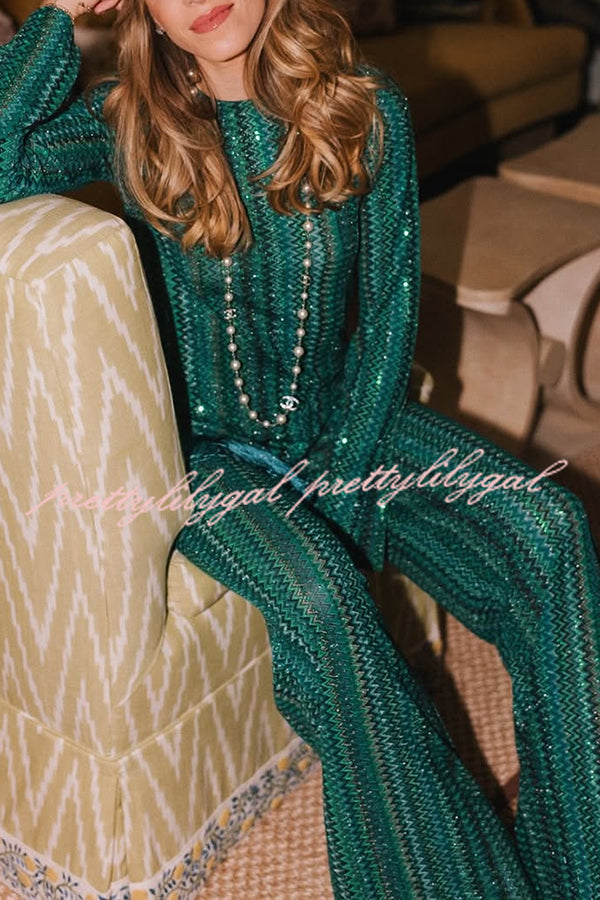 Relaxing Time Knit Zigzag Pattern Tassel Trim Slit Top and Wide Leg Pants Set