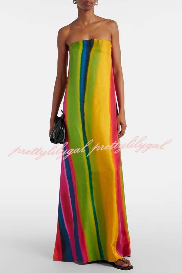 Artistic Rainbow Satin Watercolor Print Off Shoulder Pocketed H-line Maxi Dress