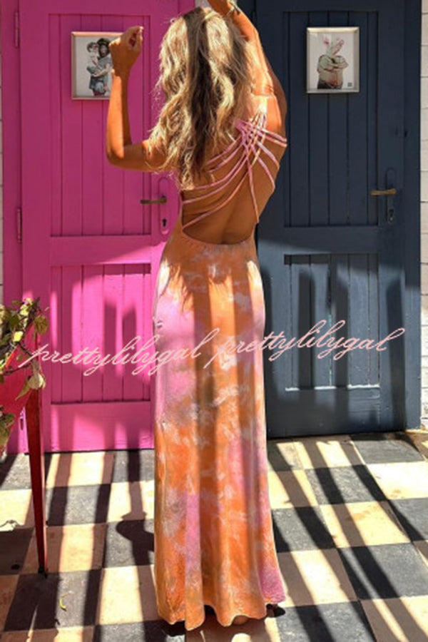 La Bamba Tie-dye Print Back Lace-up Stretch Maxi Dress