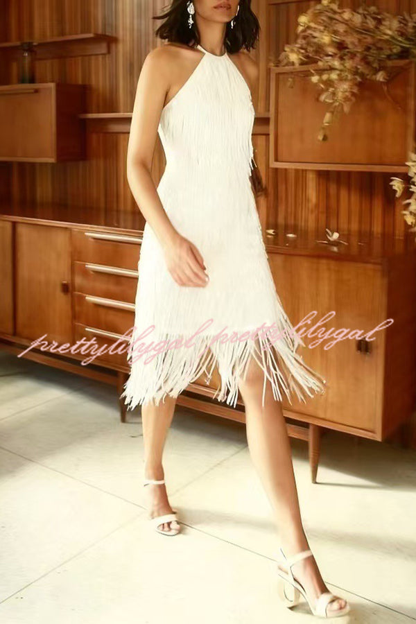 Sexy Sleeveless Halter Neck Tassel Sequin Mini Dress