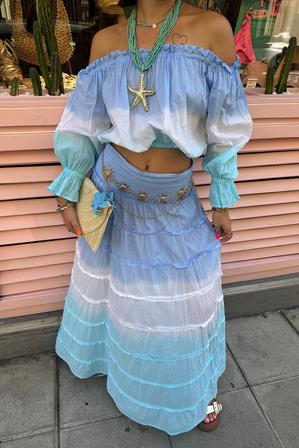 Fashionable Gradient Off Shoulder Long Sleeve Top and Resort Style Spliced Maxi Skirt Set