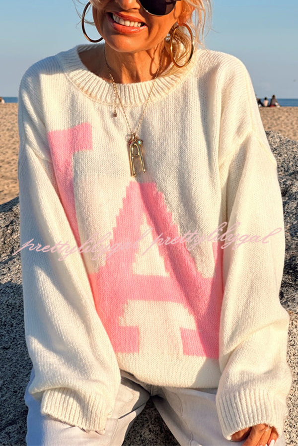 Letter Pattern Crew Neck Long Sleeve Loose Knit Sweater
